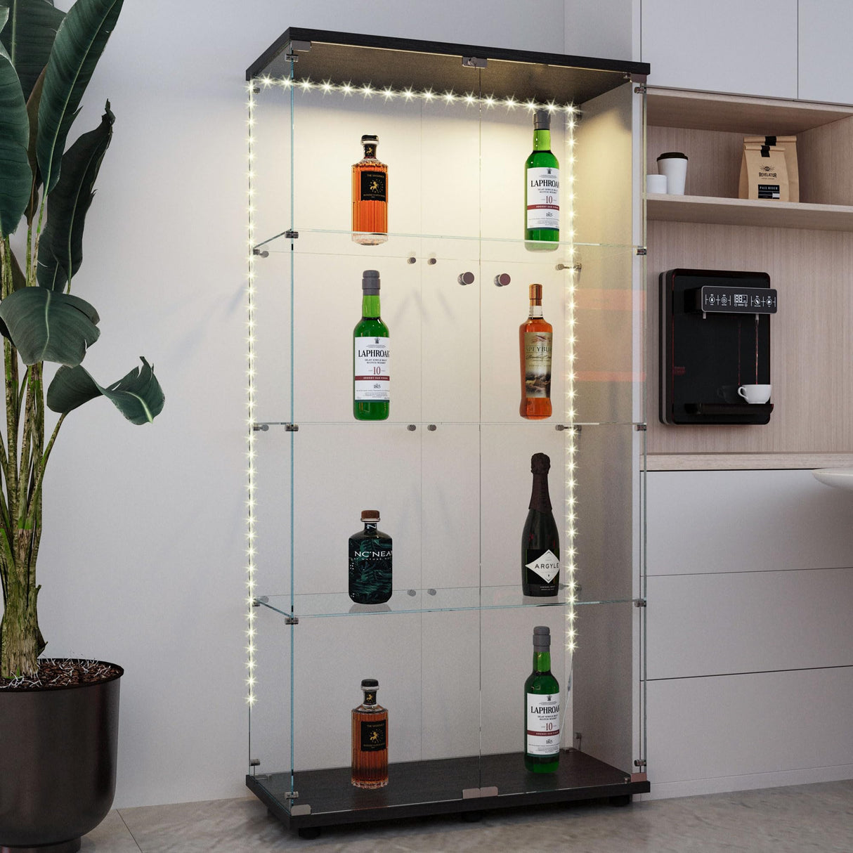 KUVADAZ 4-Shelf Glass Display Cabinet with Bluetooth LED Light Strip, 2-Door Floor Standing Curio Cabinet with Universal Wheel for Living Room, Black Glass Bookshelf for Collections, Wood Top KUVADAZ