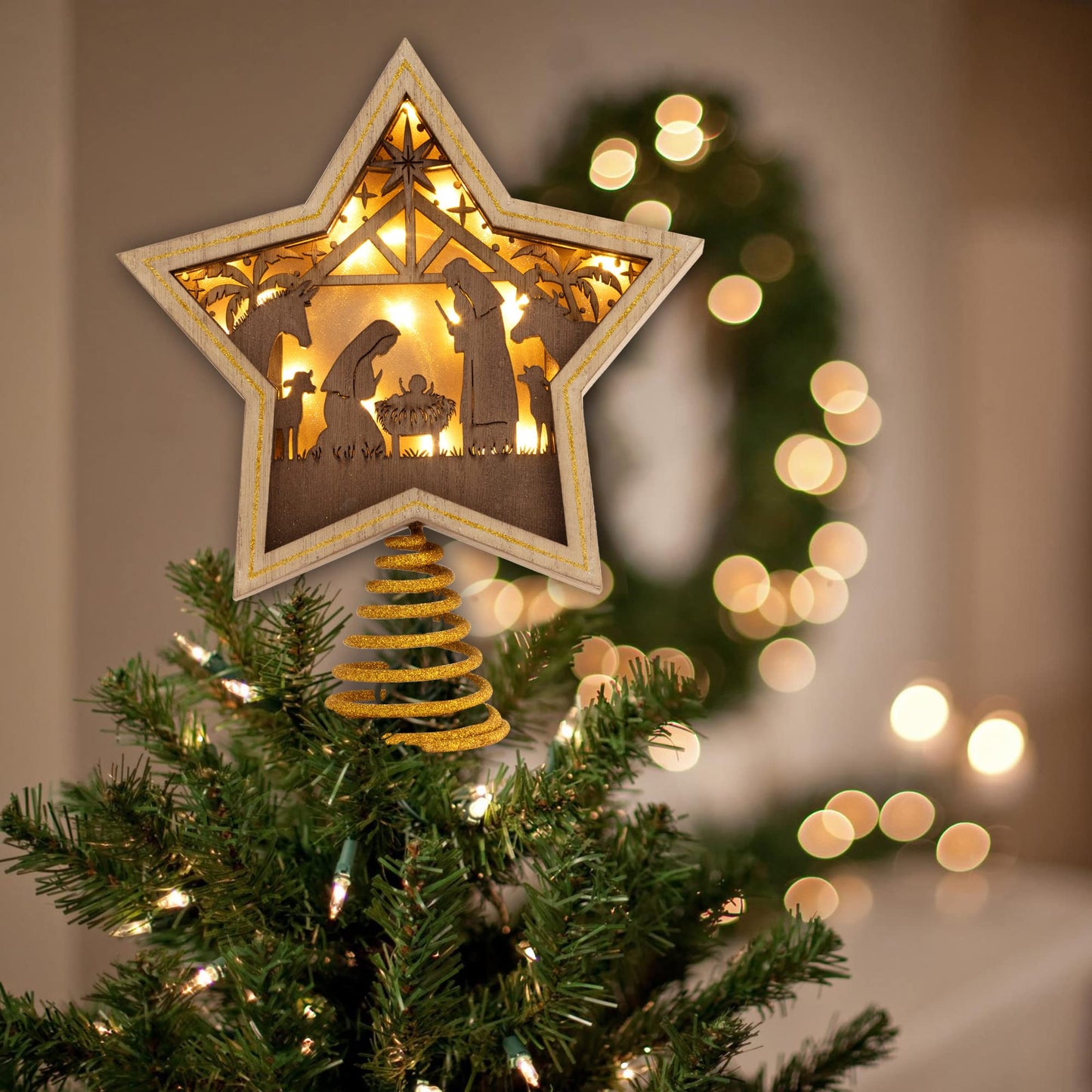 DEMDACO Gold Accented Wooden Star with Cutout Nativity Scene and Warm LED Shadow Box 10 x 8.5 Inches Christmas Tree Topper