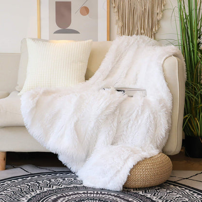 Tuddrom Decorative Extra Soft Faux Fur Throw Blanket 50" x 60",Solid Reversible Fuzzy Long Hair Shaggy Blanket,Fluffy Cozy Plush Fleece Comfy Microfiber Fur Blanket for Couch Sofa Bed,Pure White