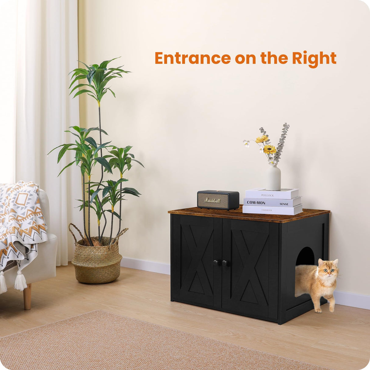 Dwanton Litter Box Enclosure, Cat Litter Box Furniture Hidden, Reversible Entrance Can Be on Left or Right Side, Wooden Cat Washroom Indoor, Black and Rustic Brown, 27.6 Inches Dwanton