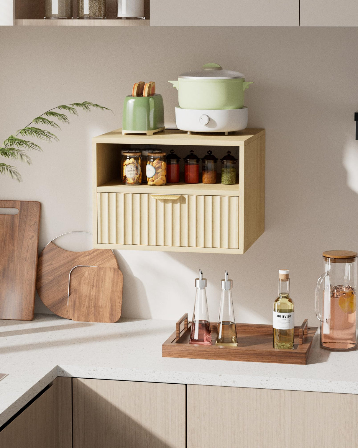 Floating Nightstand Set of 2 - Fluted Night Stand with Charging Station Wood Wall Mounted Nightstand with Drawer & Open Shelf, Modern Bedside Table Large End Table for Bedroom Closet DEMEGA