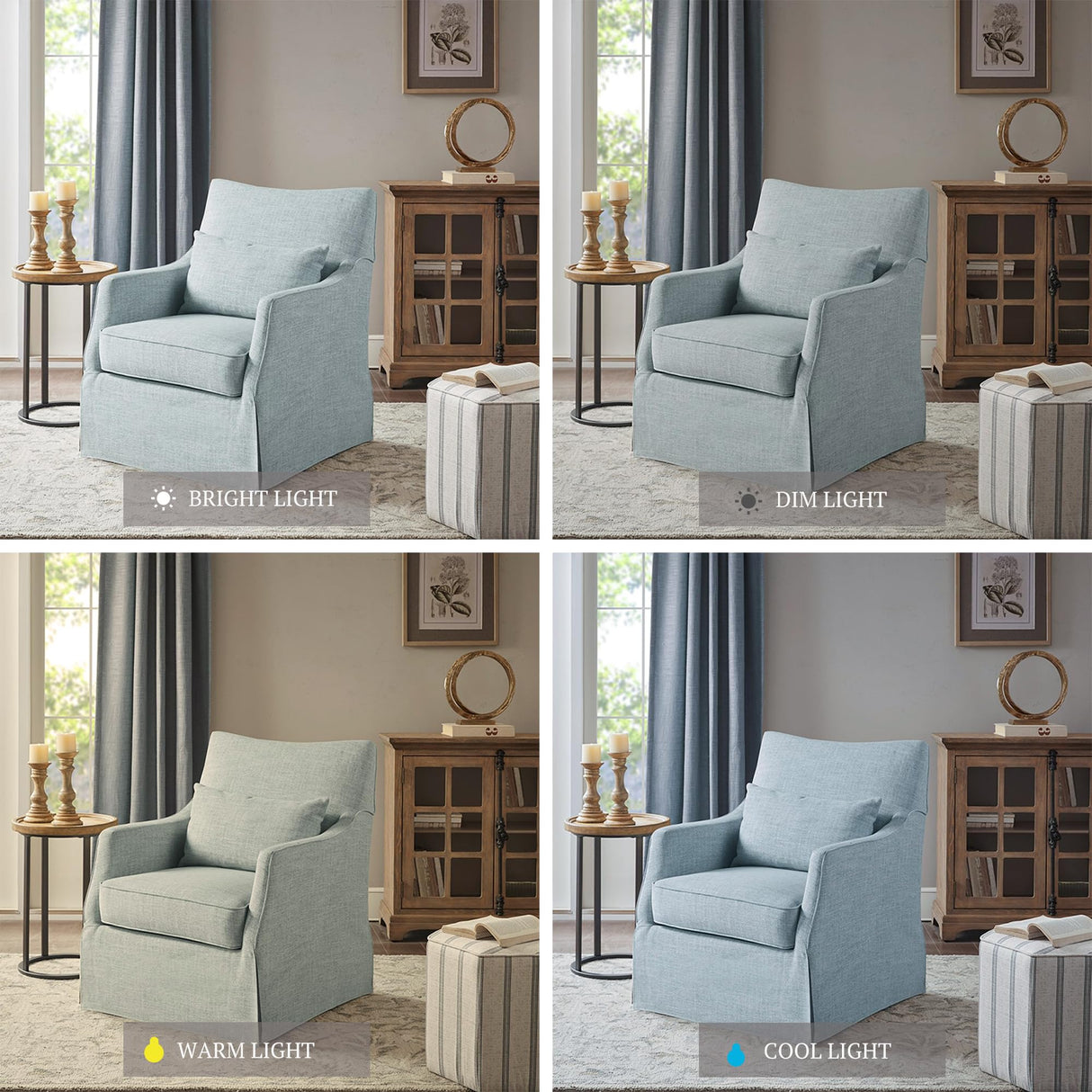 Martha Stewart London Swivel Chair - Solid Wood & Plywood, Skirted Metal Base Accent Armchair, Lumbar Pillow -Modern Classic Family Room Sofa Furniture Bedroom Lounge, 28"X31.5"X35.25", Light Blue Martha Stewart