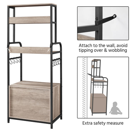 Yaheetech 4-Tier Kitchen Bakers Rack with Storage Cabinet and Hutch, Microwave Oven Stand Coffee Bar Pantry Cabinet with 8 S Hooks, Freestanding Kitchen Shelves Spice Rack, Gray Yaheetech