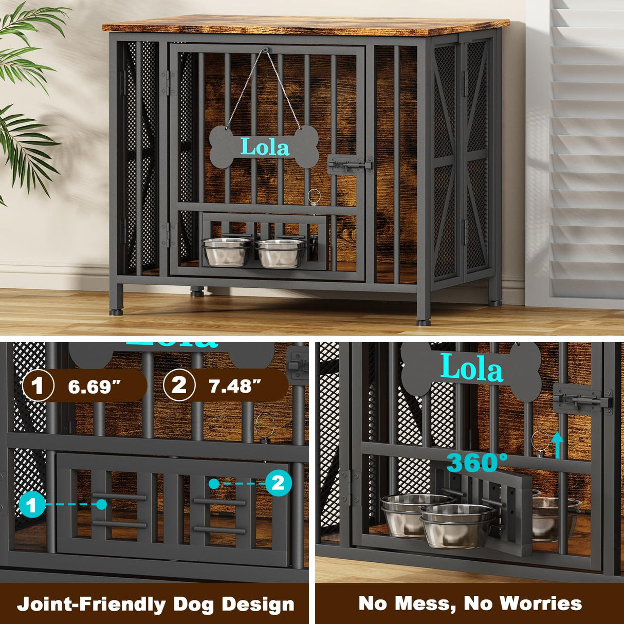 Easycom Dog Crate Furniture, 31.5" Assembly-Free Dog Crates for Small & Medium Dogs, Foldable Dog Kennel Indoor with Tag & Adjustable Dog Bowls, Wooden Dog Cage Use as End Table, Rustic Brown EasyCom