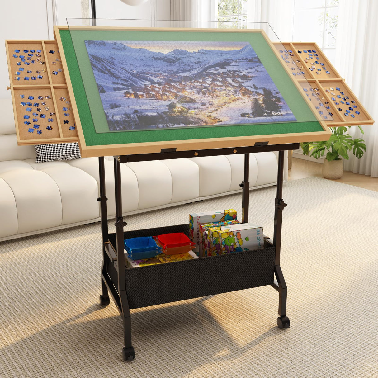 upvercy Large Puzzle Table with 2 Drawers for 300-1500 Piece Puzzles - Rolling Puzzle Table with Adjustable Height & Angle, Puzzle Board with Felt, Cover, Storage Drawer for Adults upvercy