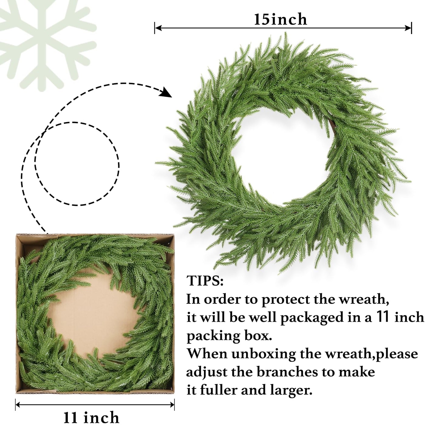 XmasExp Norfolk Pine Christmas Wreath-15Inch Real Touch Artificial Christmas Wreaths-Evergreen Realistic Plain Christmas Wreath for Front Door,Windows