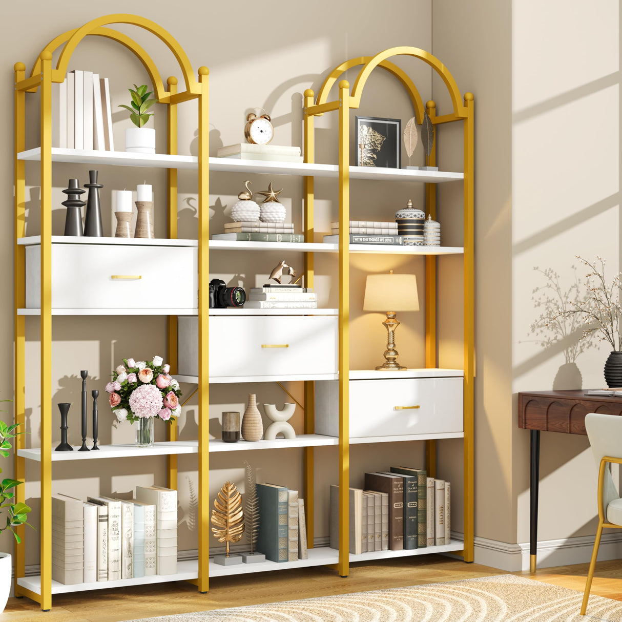Nosepen 83.5" Tall Arched Bookshelf with 3 Drawers and 13 Storage Shelves, Industrial Open Book Shelf with Display Shelves, Large Etagere Bookshelf, Triple Wide Book Case for Home & Office, Gold Nosepen