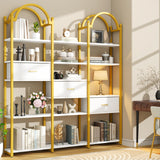 Nosepen 83.5" Tall Arched Bookshelf with 3 Drawers and 13 Storage Shelves, Industrial Open Book Shelf with Display Shelves, Large Etagere Bookshelf, Triple Wide Book Case for Home & Office, Gold Nosepen