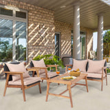 Tangkula 4-Piece Patio Furniture Set, Outdoor Acacia Wood Conversation Set with Cushions and Coffee Table, Outdoor PE Wicker Sectional Sofa Set for Garden, Poolside and Backyard (1, Beige) Tangkula