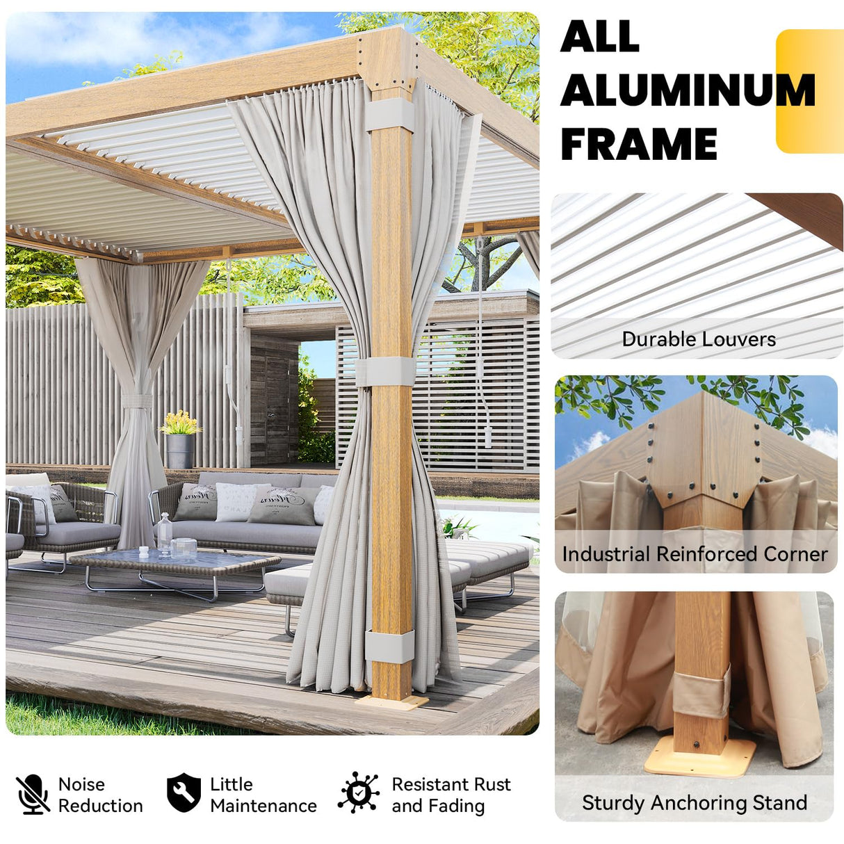 UPHYB Louvered Pergola 12x12ft, Adjustable Aluminum Pergola with Waterproof Curtains and Nets, Sun & Rain Shade for Patio, Modern DIY Outdoor Living Upgrade, Woodgrain UPHYB