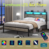 Full Size Bed Frame, Full Bed Frames with LED Lights and Charging Station, Farmhouse Platform Bed with Storage Headboard, Rustic Barn Door Design, Noise Free, No Box Spring Needed, Wash Grey CHABUILDREARK