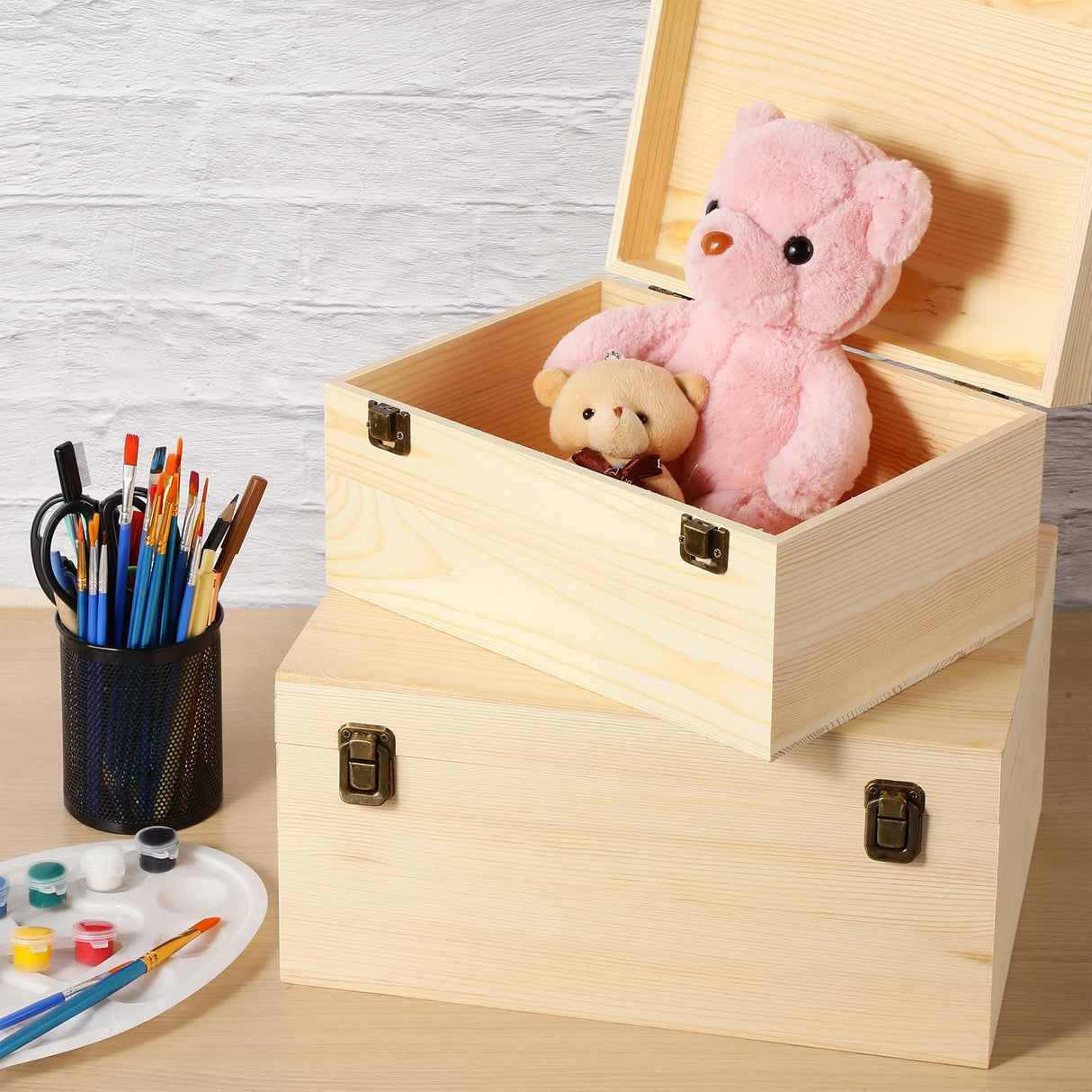 2 Pcs Unfinished Wood Box Natural Large Wooden Box 13 x 9.8 x 6.3 in, 10.6 x 7.9 x 5.5 in Pine Art Storage Boxes with Hinged Lid and Front Clasp for DIY Craft Hobbies Home Jewelry Keepsake Treasure Reginary