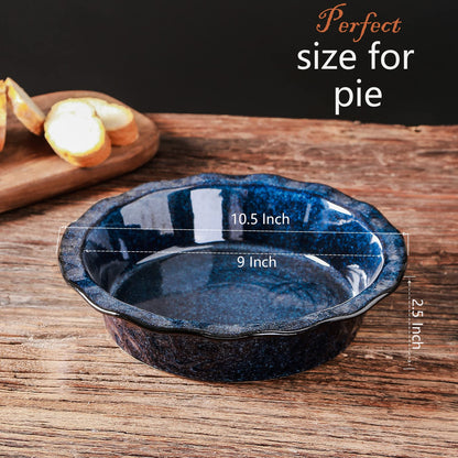 vicrays Ceramic Pie Pan for Baking - 9 inch Pie Plate, Round, Fluted and Deep Pie Dish for Tart, Pizza, Apple Pie, Quiche, Pot Pies, Cake - Reactive Glaze (Starry Blue)