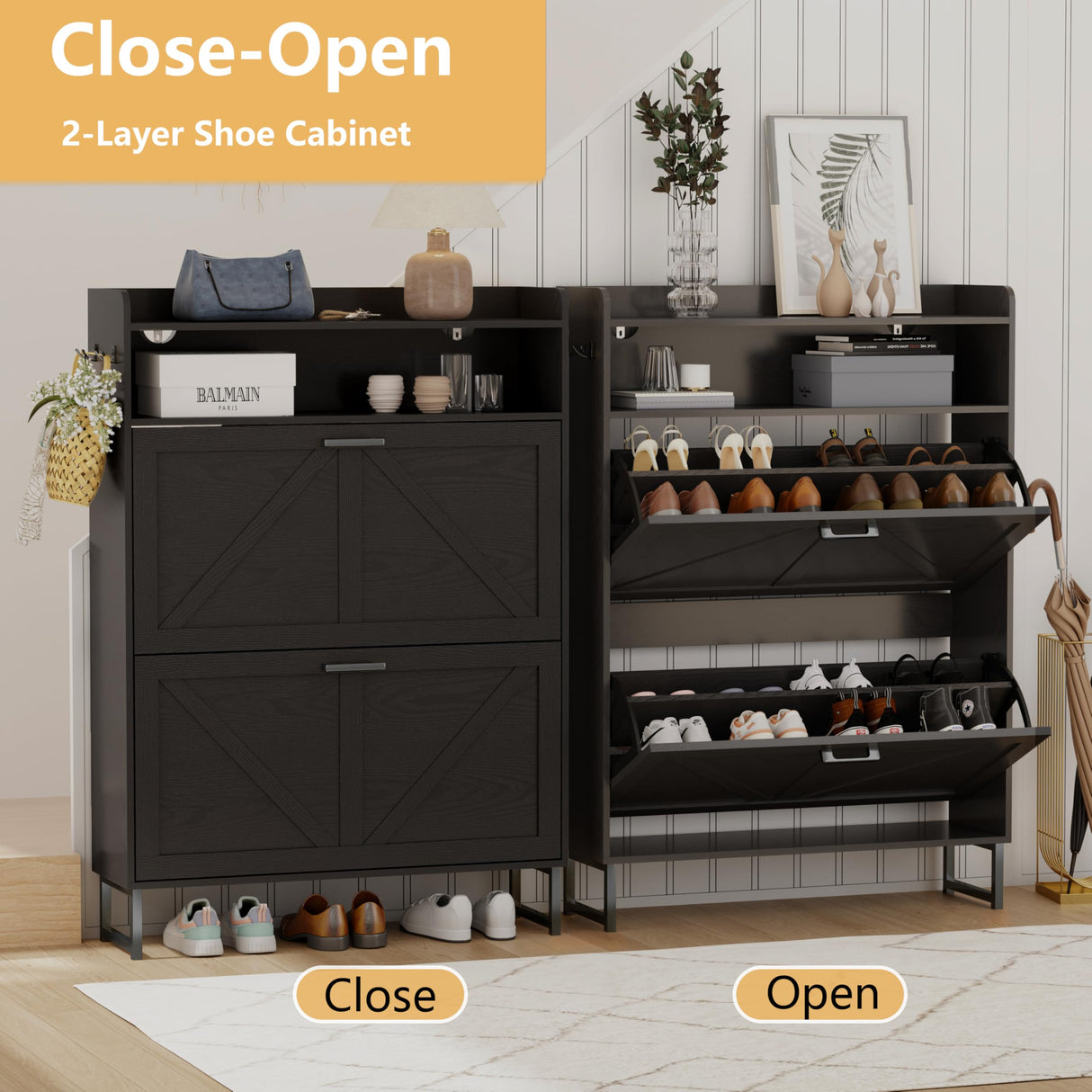 Shoe Cabinet with 2 Flip Drawers, Freestanding Hidden Shoe Storage Organizer for Entryway, Narrow Slim Shoe Rack Cabinet with Open Storage & Hooks for Front Door Entrance, Living Room, Hallway, Black Xixini