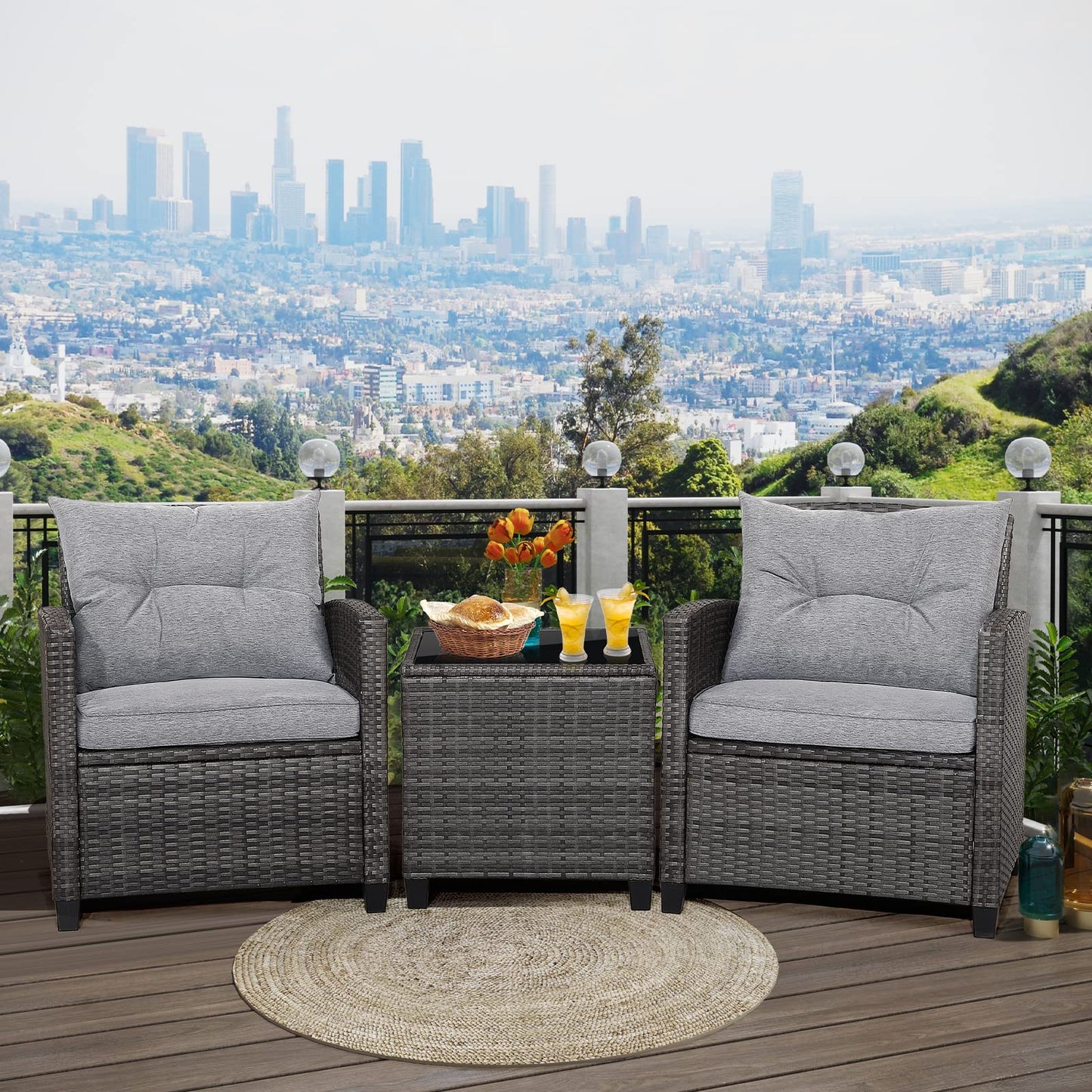 RELAX4LIFE Wicker Patio Furniture Sets - 3 Pieces Rattan Sofa Set, Outdoor Conversation Set with Tempered Glass Tabletop, Heavy-Duty Steel Frame, Wicker Chair Set for Poolside, Backyard, Grey - WoodArtSupply