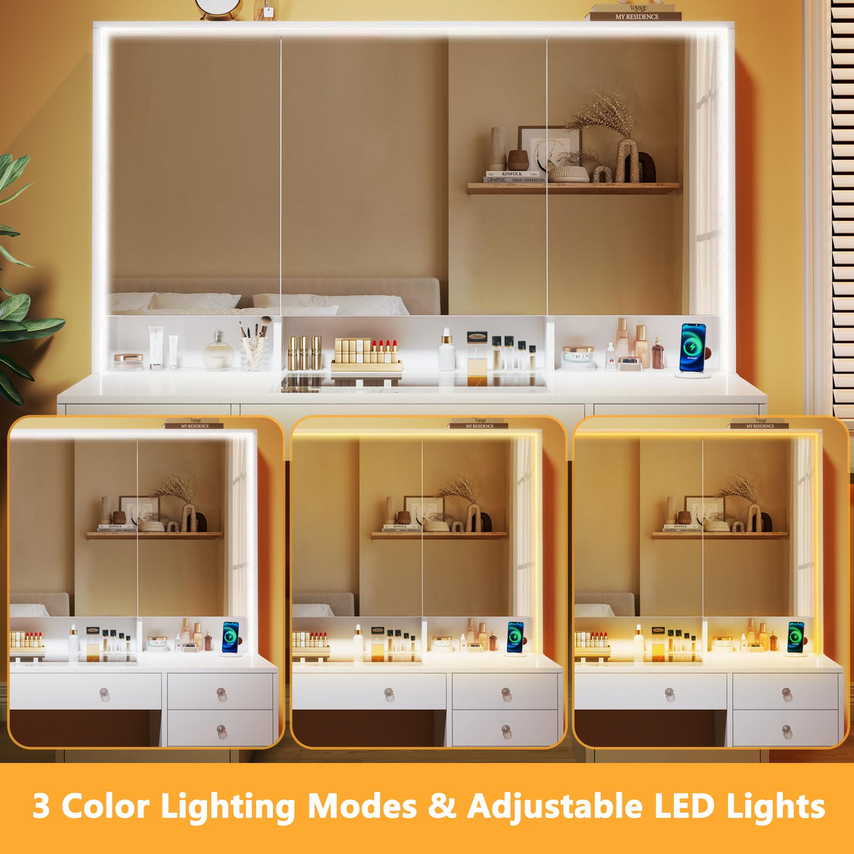 Vanity Desk with Mirror and Lights, 50" Makeup Vanity with Glass Top & Power Outlet, White Vanity with 11 Drawers & 8 Hidden Storage Shelves, 3 LED Lighting Modes Adjustable for Bedroom HUAHUU