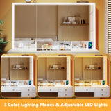 Vanity Desk with Mirror and Lights, 50" Makeup Vanity with Glass Top & Power Outlet, White Vanity with 11 Drawers & 8 Hidden Storage Shelves, 3 LED Lighting Modes Adjustable for Bedroom HUAHUU