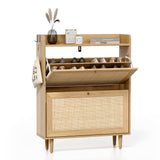 EYYTHUNG Shoe Cabinet with 2 Flip Drawers, Rattan Farmhouse Shoe Organizer, Boho Wooden Hidden Slim Narrow Shoe Rack Cabinet for Entryway, Hallway, Natural Oak EYYTHUNG