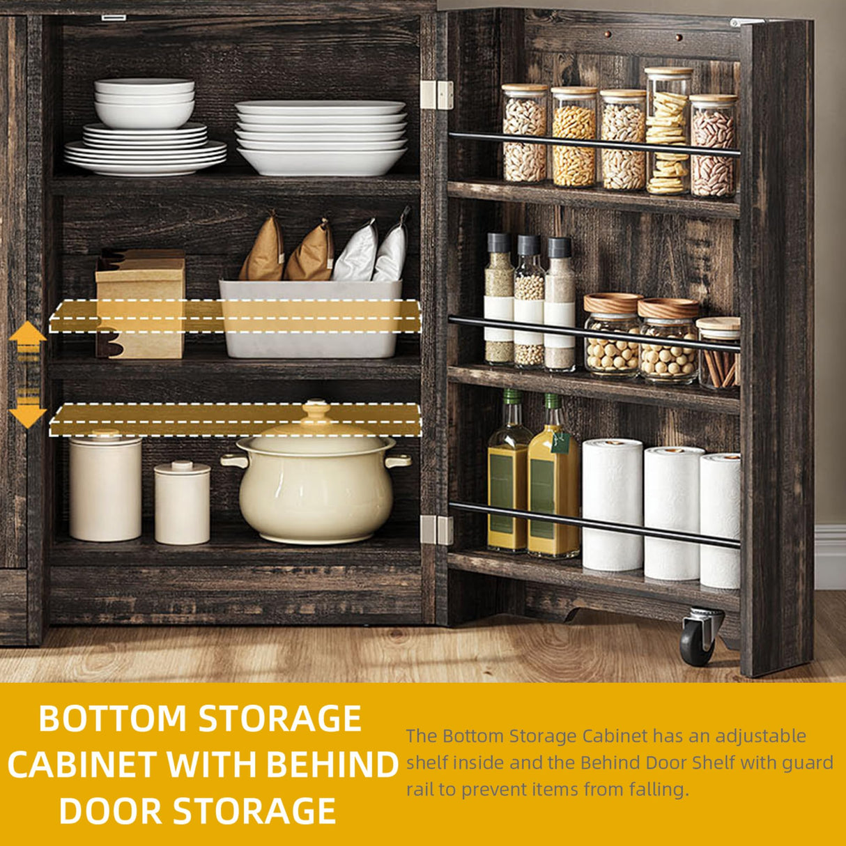 DWVO Kitchen Pantry Storage Cabinet with Tilt-Out Trash Can Fit 10 Gallon, Tall Farmhouse Kitchen Hutch Cabinets with Charging Station & Microwave Stand for Home Living Dining Room, Dark Rustic Oak DWVO