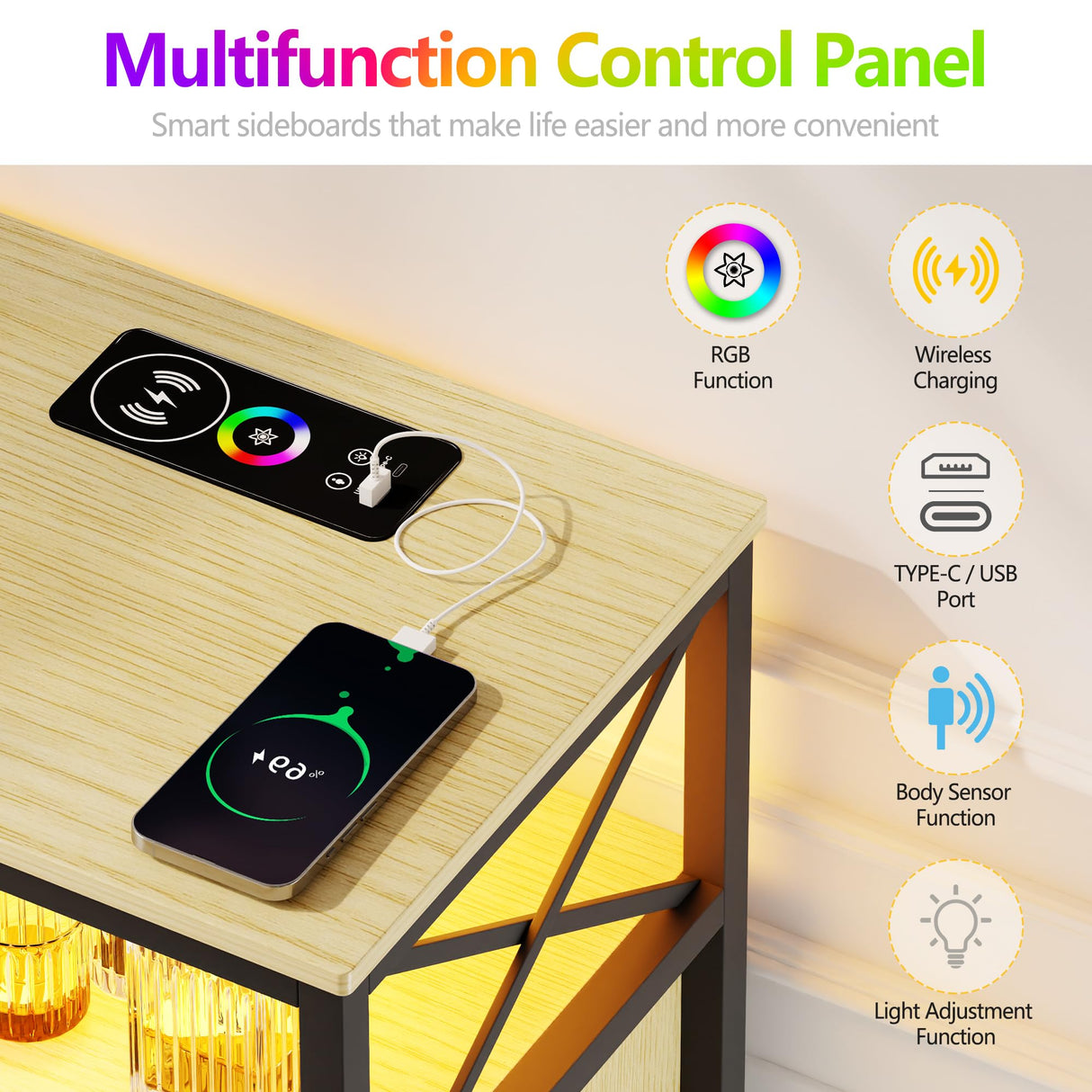 JDPAG 40” Rattan Sideboard Buffet Kitchen Storage Cabinet, LED Coffee Bar Cabinet with Charging Station, Cupboard Console Table with Adjustable Shelves (Natural) JDPAG