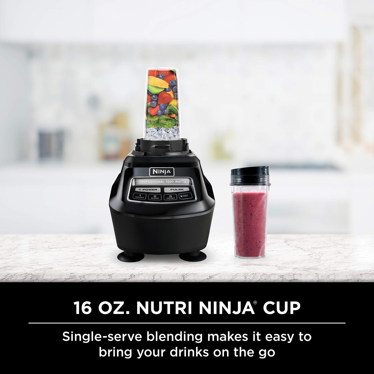 Ninja BL770 Mega Kitchen System, 1500W, 4 Functions for Smoothies, Processing, Dough, Drinks & More, with 72 Blender Pitcher, 64 Processor Bowl, (2) 16-oz. to-Go, Black, with 2 Nutri Cups + Lids Ninja