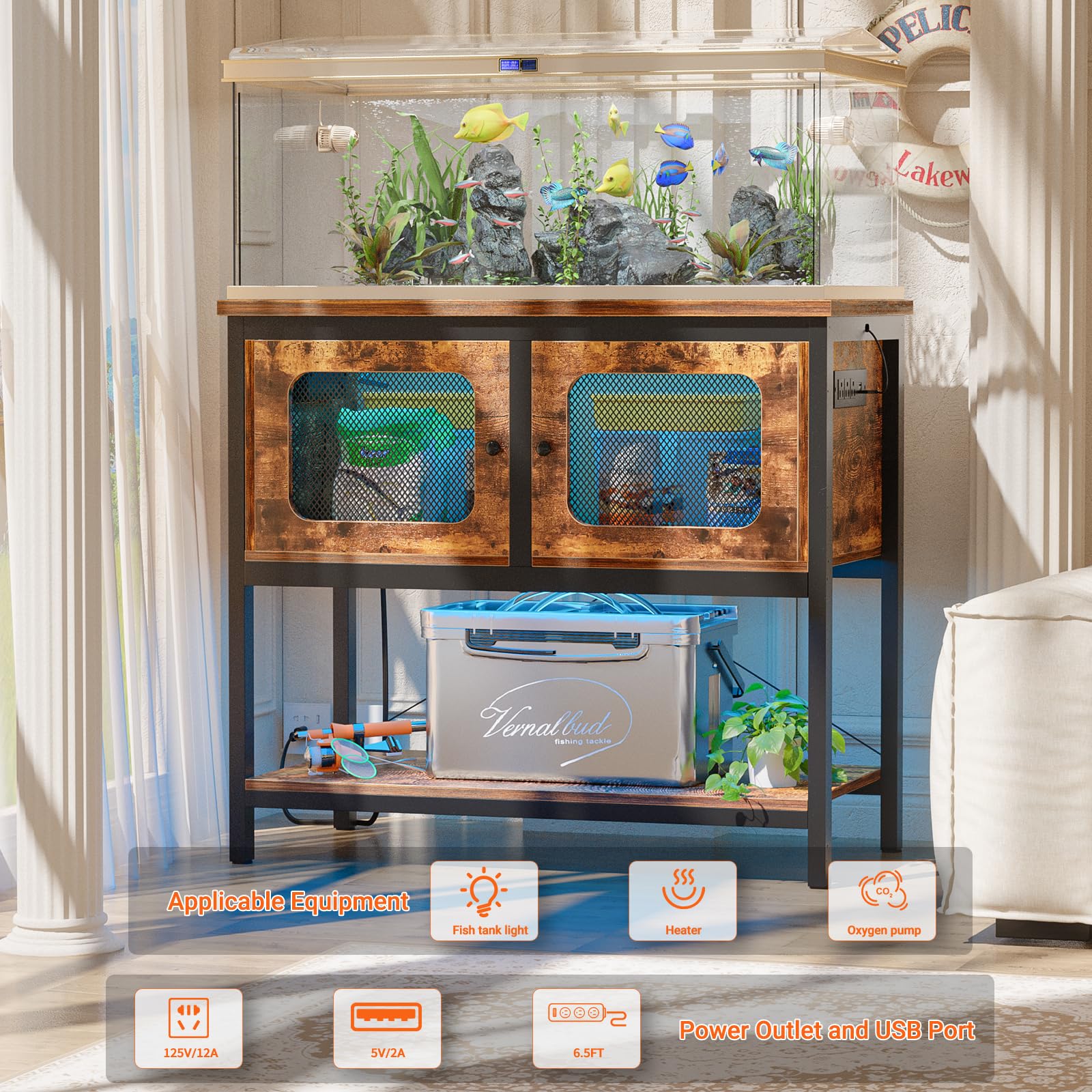 Hyomdeck 40 Gallon Fish Tank Stand with Magic Power Outlets and Smart LED Lights, Aquarium Stand with Storage Cabinet, Reptile Tank Stand with Unique Grid Door Design, Heavy Duty Metal Frame, - WoodArtSupply