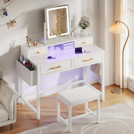 YITAHOME Vanity Desk Set with LED Mirror & Charging Station, 4-Drawer Makeup Table with Light Strip and Stool, Modern Dressing Table YITAHOME