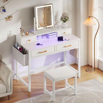YITAHOME Vanity Desk Set with LED Mirror & Charging Station, 4-Drawer Makeup Table with Light Strip and Stool, Modern Dressing Table