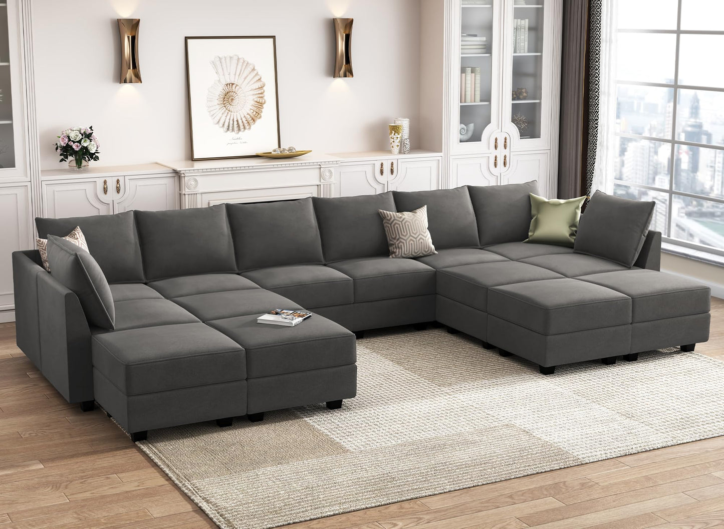 HONBAY Oversized Modular Sofa Couch with Chaise U Shaped Velvet Sectional Sofa Reversible Modular Sofa Sleeper Bed with Storage Seats, Grey