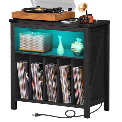 Large Record Player Stand with Charging Station & LED Lights, Black Vinyl Record Storage Holder Holds up to 230 Albums, Turntable Stand with Display Shelf for Music Room Bedroom Living Room.