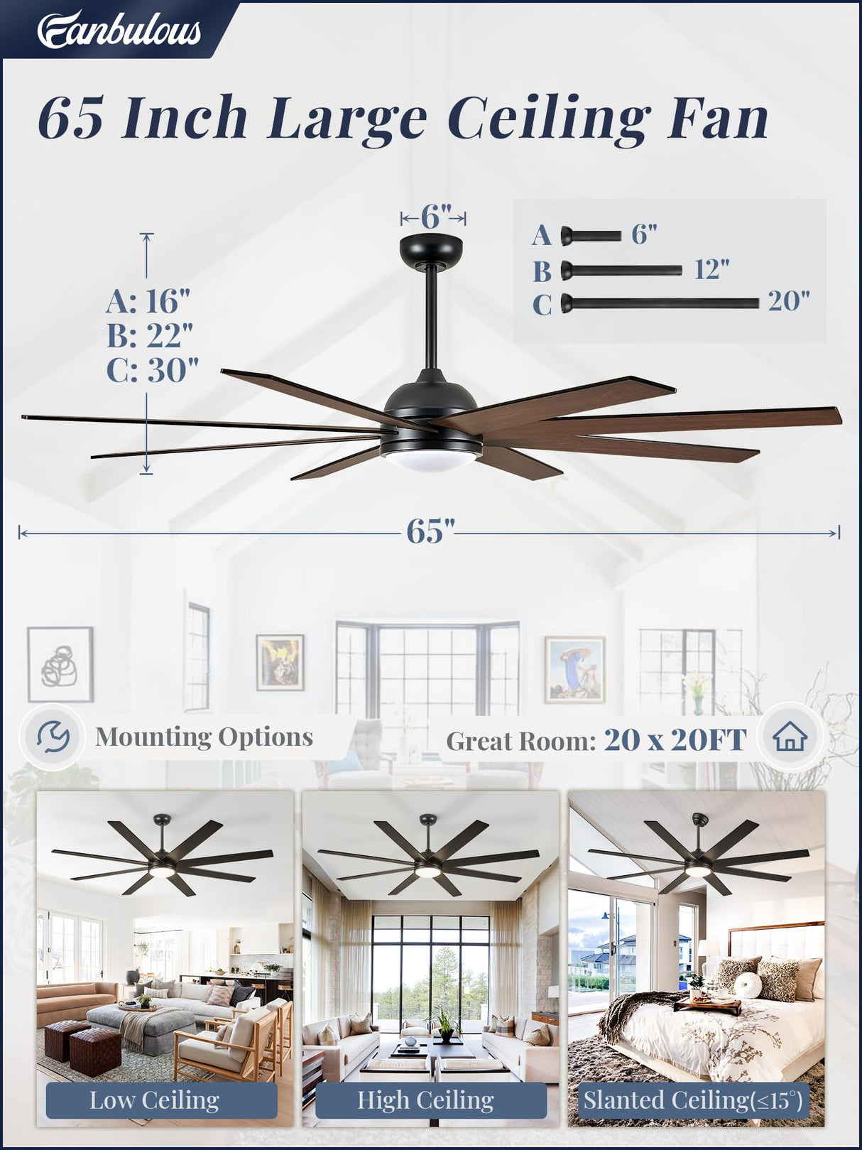 Fanbulous 65 Inch Ceiling Fans with Lights and Remote, Black Indoor/Outdoor Ceiling Fan with Quiet Reversible DC Motor, 6 Speeds, 3CCT, 8 Blades Large Ceiling Fan for Living Room Bedroom Patio Fanbulous