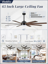 Fanbulous 65 Inch Ceiling Fans with Lights and Remote, Black Indoor/Outdoor Ceiling Fan with Quiet Reversible DC Motor, 6 Speeds, 3CCT, 8 Blades Large Ceiling Fan for Living Room Bedroom Patio Fanbulous
