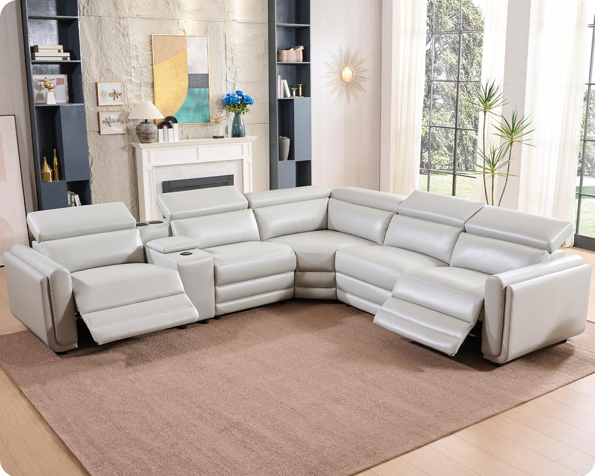 AMERLIFE Power Recliner Sofa, 129 Inch Oversized Reclining Sofa with Console & Speaker, 5 Seats L Shaped Sectional Couch for Living Room, Light Grey Leather AMERLIFE
