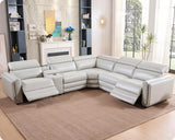 AMERLIFE Power Recliner Sofa, 129 Inch Oversized Reclining Sofa with Console & Speaker, 5 Seats L Shaped Sectional Couch for Living Room, Light Grey Leather AMERLIFE