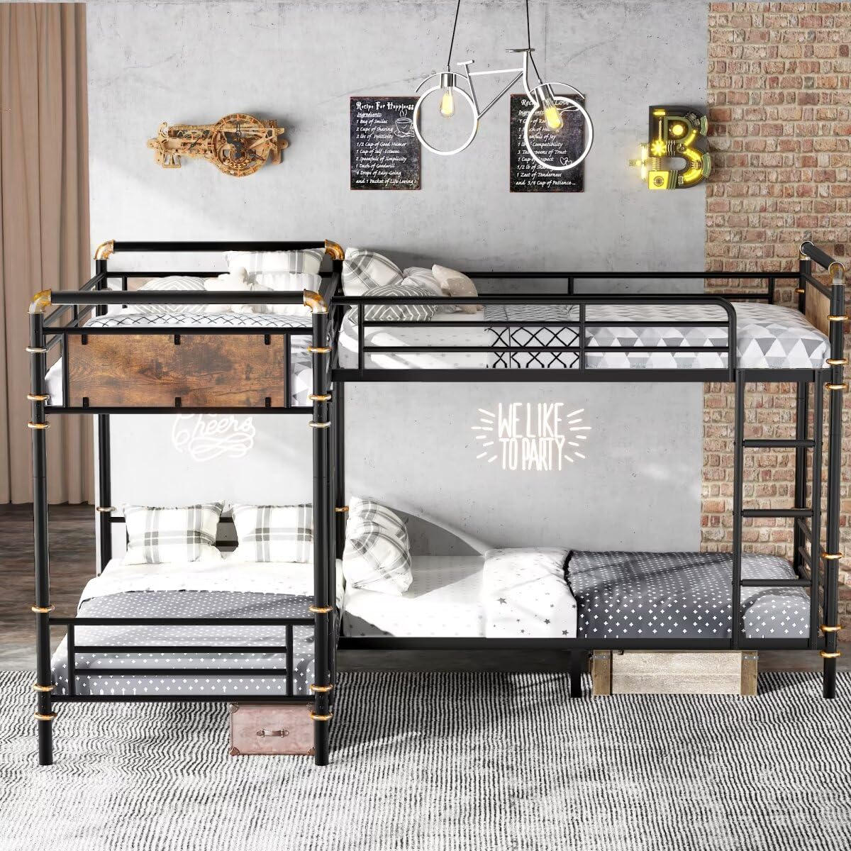 JIJIWANG Quad Bunk Bed for 4 Kids, Heavy Duty Metal Twin Bunk Bed Frame, Detachable Triple Bunk Bed, Can Be Divided Into 3 Twin Beds, Black JIJIWANG