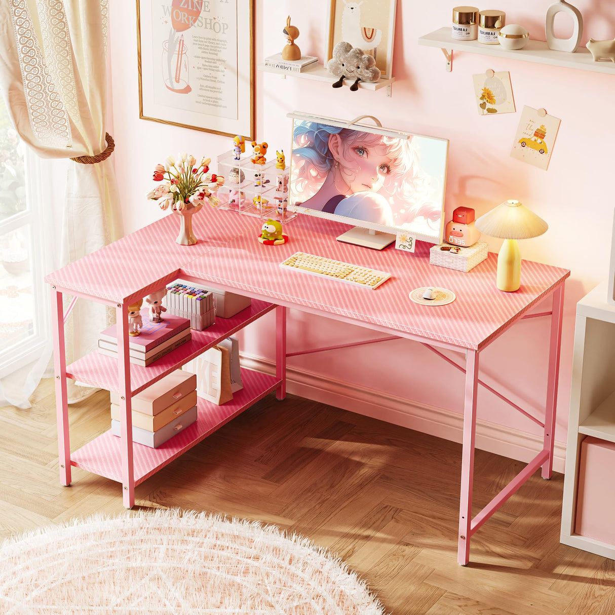 Huuger L Shaped Desk, 47 Inches Computer Desk with Reversible Storage Shelves, Gaming Desk, Corner Desk Home Office Desks, Writing Desk Study Desk with Metal Frame, Pink Huuger