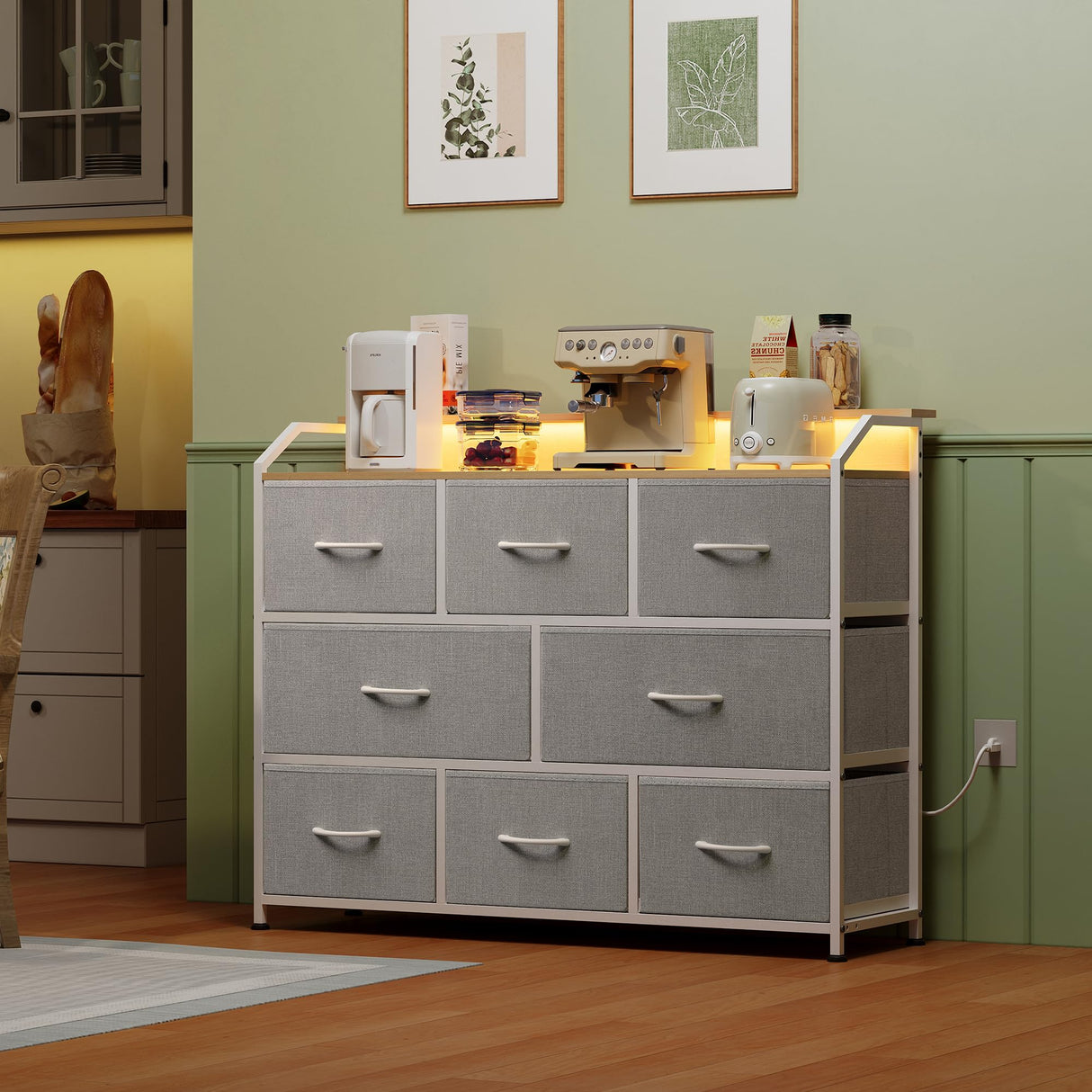 WLIVE Dresser TV Stand with Power Outlets, Led Dresser for Bedroom, Fabric Chest of Drawers with Open Shelves, Wood Top, Steel Frame, 6 Drawer Dressers for Closet, Living Room, Light Grey WLIVE