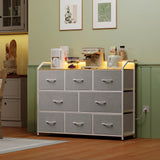 WLIVE Dresser TV Stand with Power Outlets, Led Dresser for Bedroom, Fabric Chest of Drawers with Open Shelves, Wood Top, Steel Frame, 6 Drawer Dressers for Closet, Living Room, Light Grey WLIVE