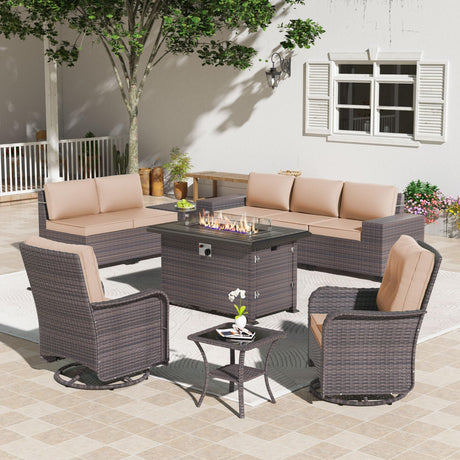 Gotland 10 Pieces Outdoor Patio Furniture Set with 2 Swivel Rocking Chairs&55,000 BTU Gas Fire Pit Table w/Glass Wind Guard Patio Conversation Sectional Sofa Sets-Khaki Gotland
