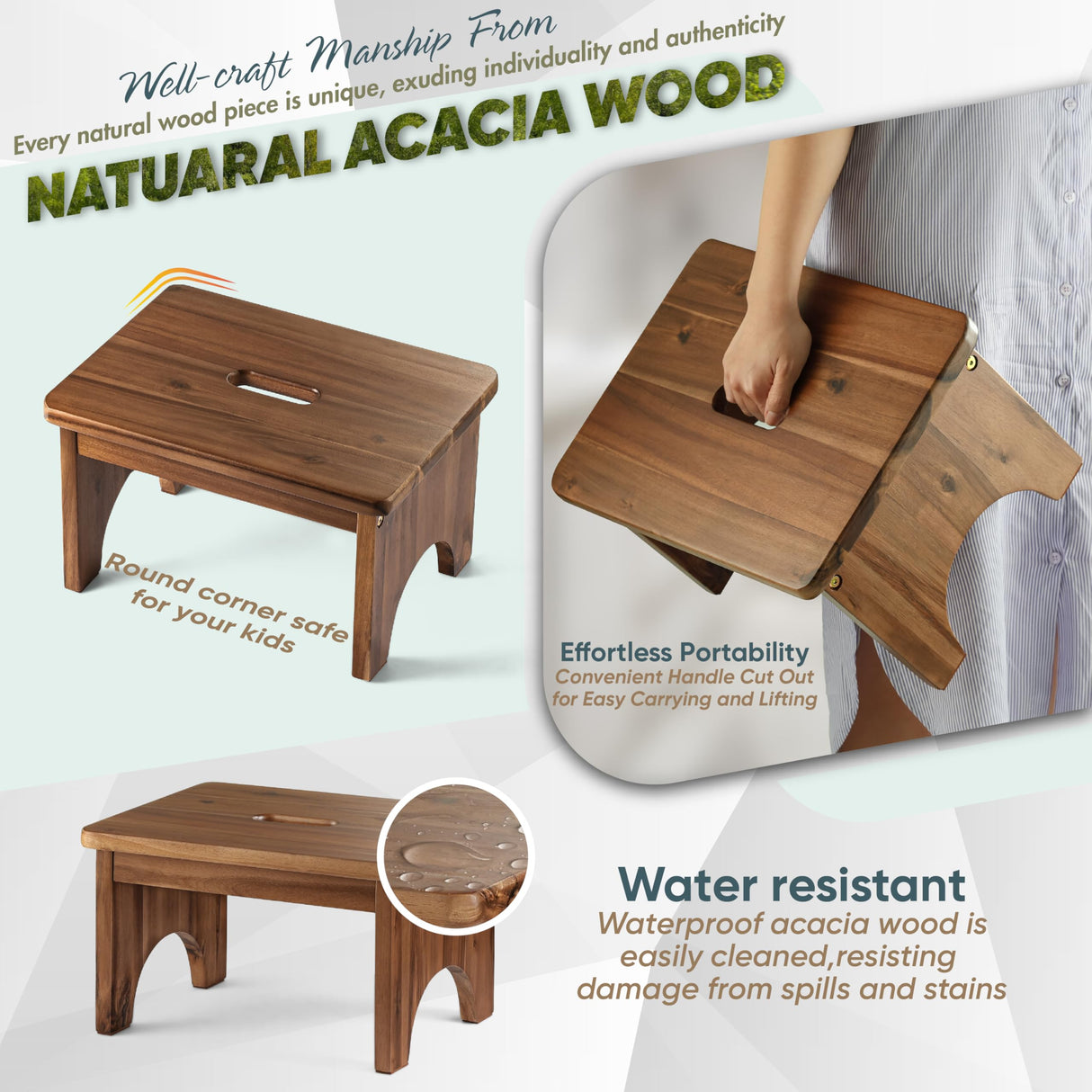 FANATU Wooden Step Stool, 9in One Step Stool for Adults, Wooden Beside Step Platform with 550 Load Capacity, Heavy Duty/Portable/Nonslip/Durable Construction Safe Step Support for Bedroom/Home Kitchen FANATU