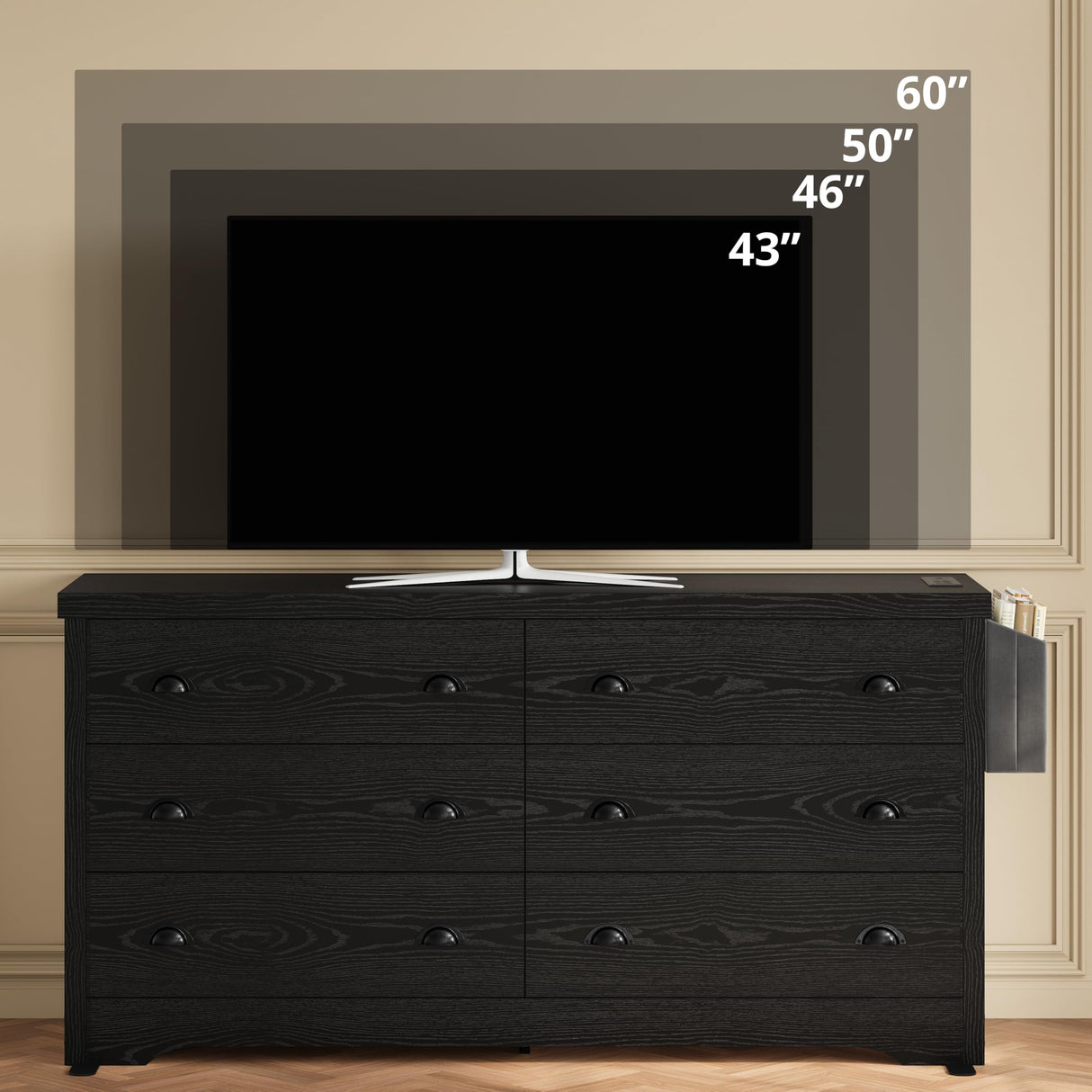 LIKIMIO Dresser for Bedroom 6 Drawer with Charging Station, TV Stand Storage Chest of Drawers for Living Room Hallway Entryway, MDF Board, 59 Inches Black LIKIMIO