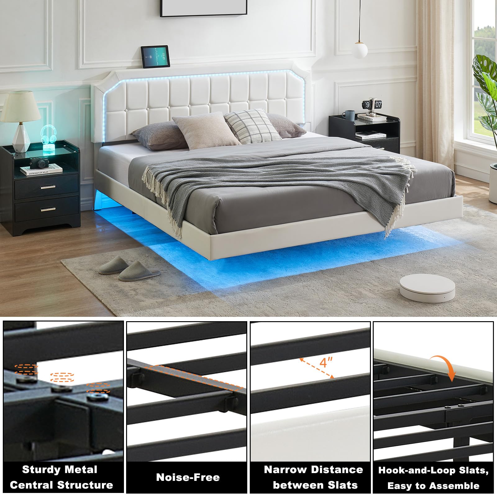 IDEALHOUSE King Size Floating Bed Frame with RGB LED Headboard and Adjustable Upholstered Design - WoodArtSupply