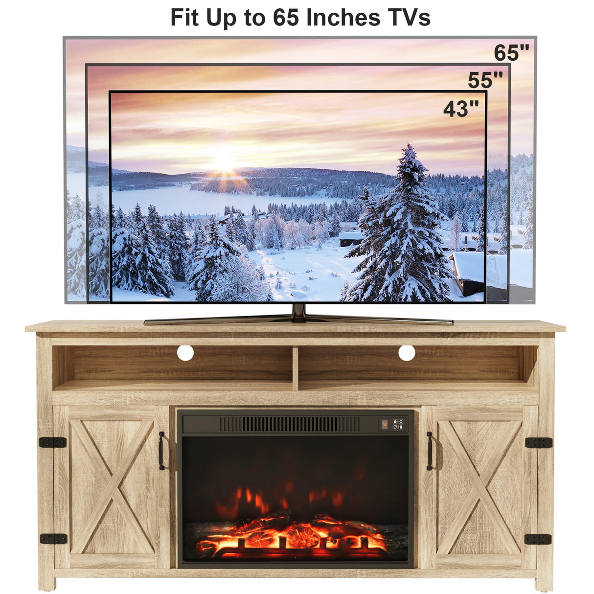 Furmax Farmhouse Fireplace TV Stand for TVs Up to 65 Inch Highboy Entertainment Center with Open Storage and Side Cabinets Rustic Media Console Table with Barn Doors for Living Room (Natural Oak) Furmax