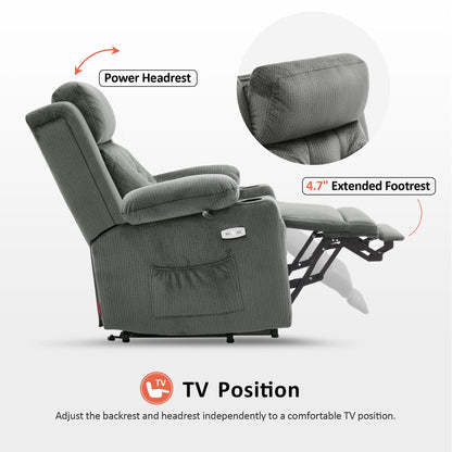 MCombo Medium Dual Motor Power Lift Recliner Chair with Massage and Heat for Elderly People, Adjustable Headrest, Infinite Position, USB Ports, Fabric 7661 (Grey, Medium)