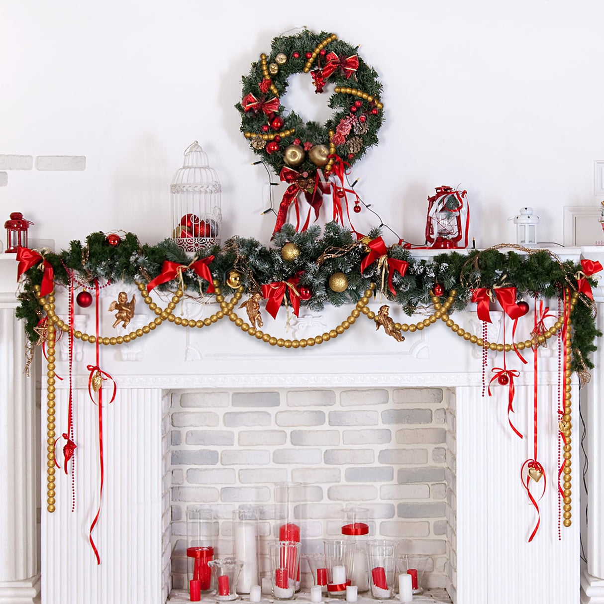 314 inch Christmas Wood Bead Garland,Gold Decorated with Christmas Tree Ornament,2 Pcs Farmhouse Bead Garland for Christmas Decoration Supplies(157 inch/1 Pcs) Eerrhhaq