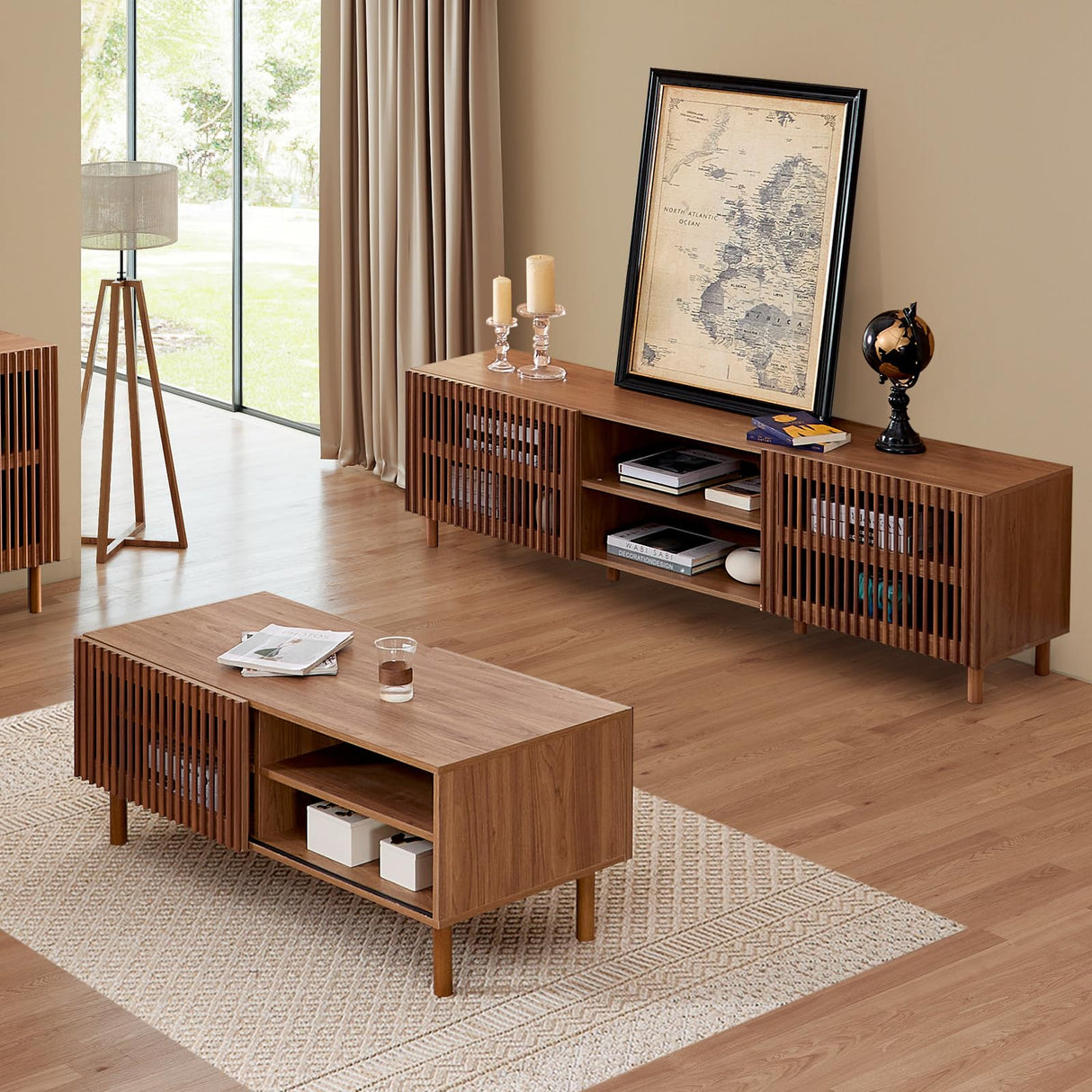 Bonzy Home 44’’ Mid Century Modern Coffee Table with Storage, Wood Center Table with Sliding Door and Open Shelves for Living Room (Walnut) Bonzy Home
