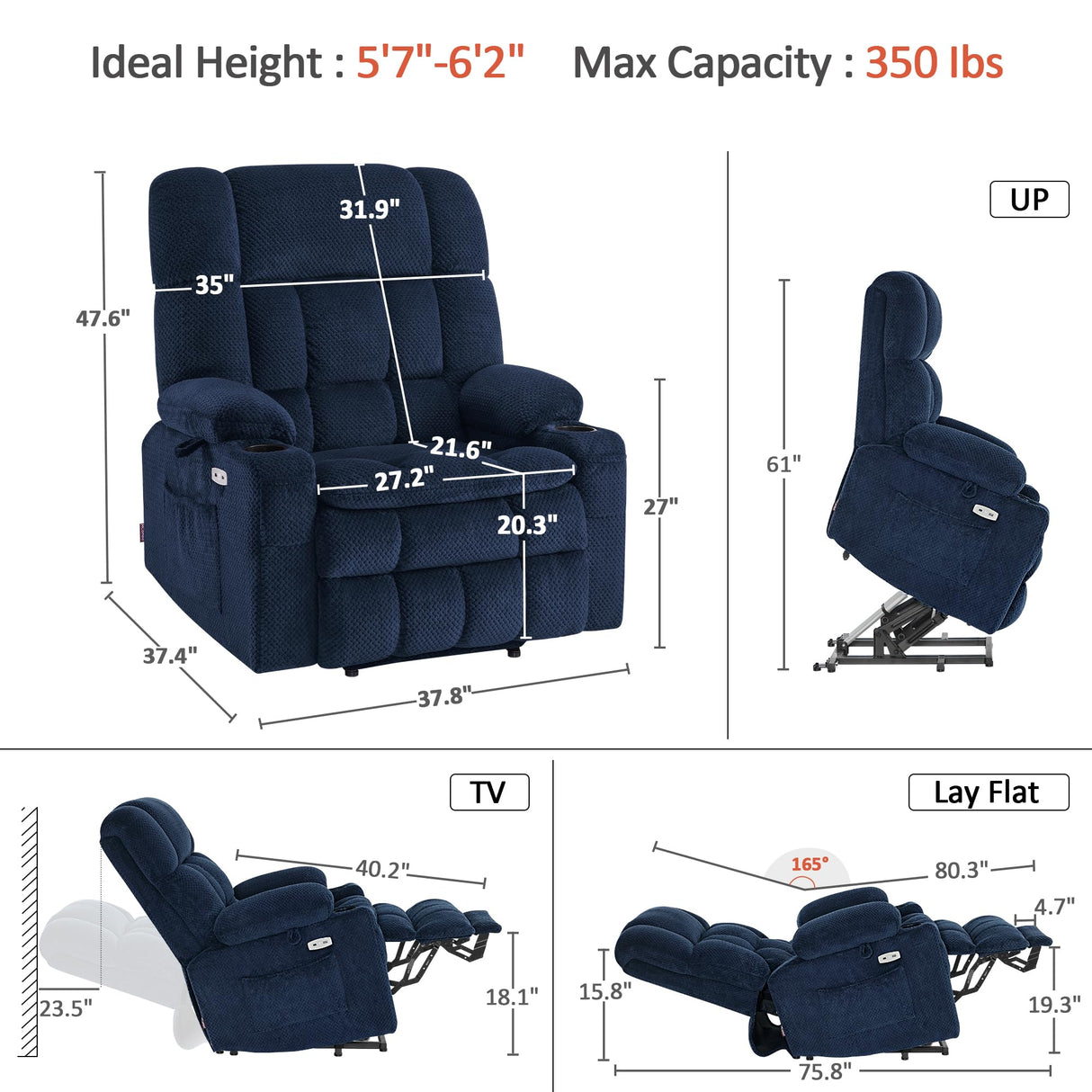 MCombo Oversized Power Lift Recliner Chair for Elderly, Dual Motor Lift Chair with Heat and Massage, Lay Flat Lift Chair for Big and Tall, Cup Holders, Fabric R7891 (Oversize, Navy Blue) MCombo
