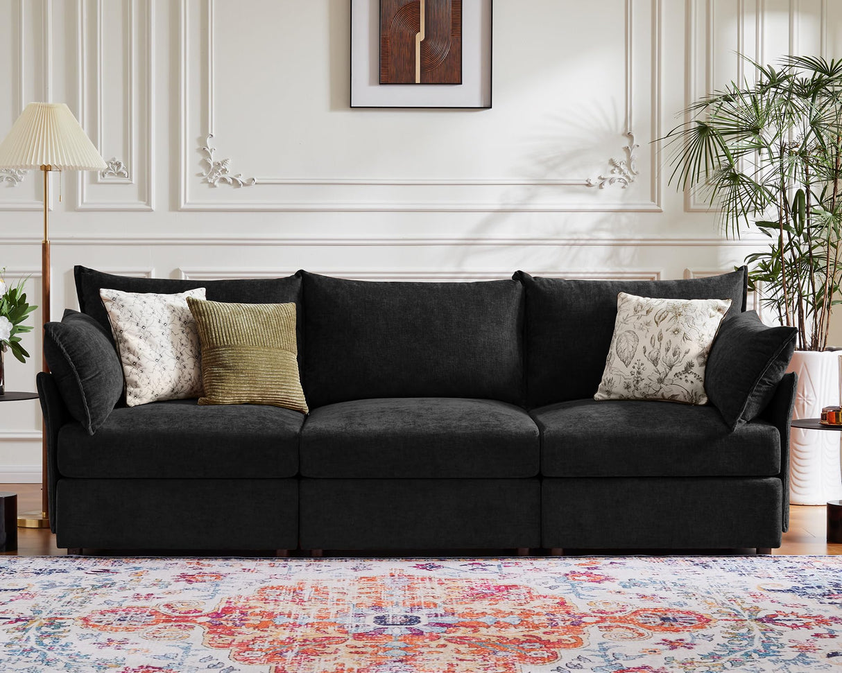 ABCASA 99" Modular Sofa Couch, Comfy 3-Seater Chenille Fabric Couch for Living Room, Office, Apart W/Deep Seat, High Backrest, Upholstered Couch W/Removable Cover, Black ABCASA