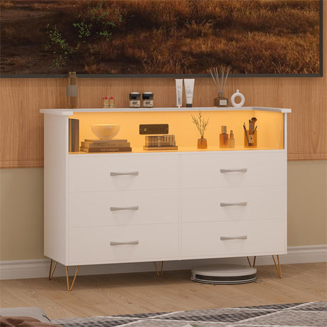 6-Drawer Dresser with USB Charging Station & LED Lights, Modern Wide Chest of Drawers, Large Bedroom Storage Tower Organizer in Black GarveeHome