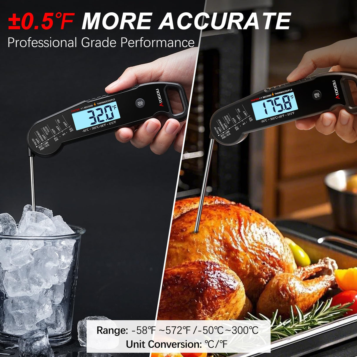 Professional Food & Meat Thermometer, 1 Sec Instant Read & ±0.5℉ Accuracy Driven by Thermocouple Sensor. IP67 Waterproof Digital Thermometer for Cooking, BBQ, Grill Gifts for Men Him Dad Birthday Atogou